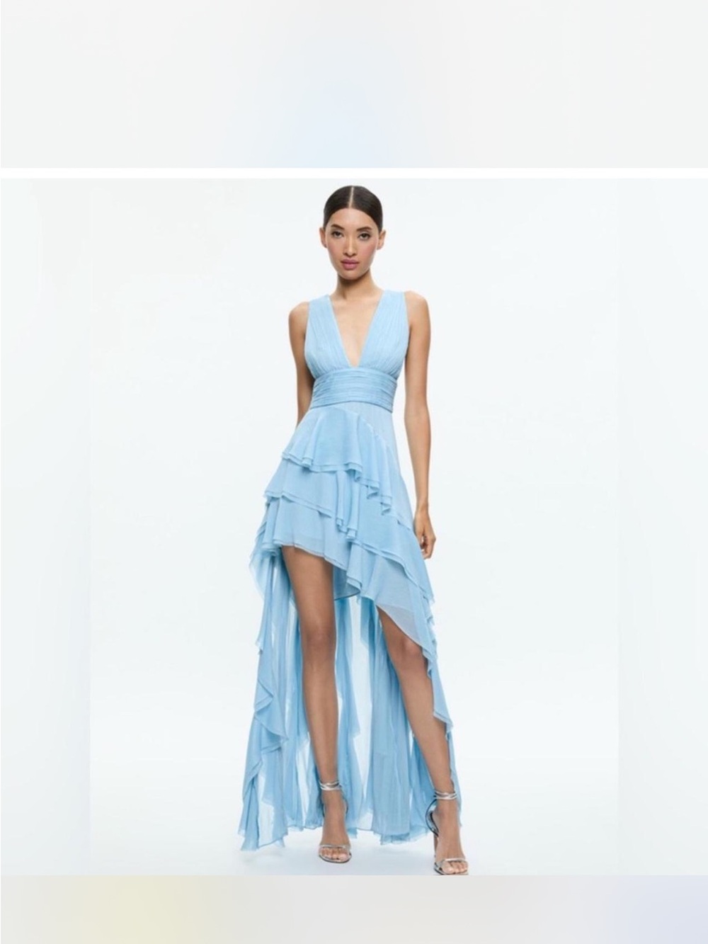 Alice + Olivia Powder Blue High-Low Ruffle V-Neck Dress